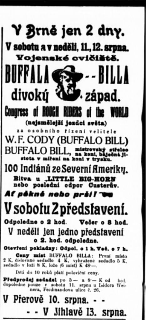 Plakát na vystoupení v Brně v roce 1906. Zdroj: Moravská Orlice, 11. srpna 1906
