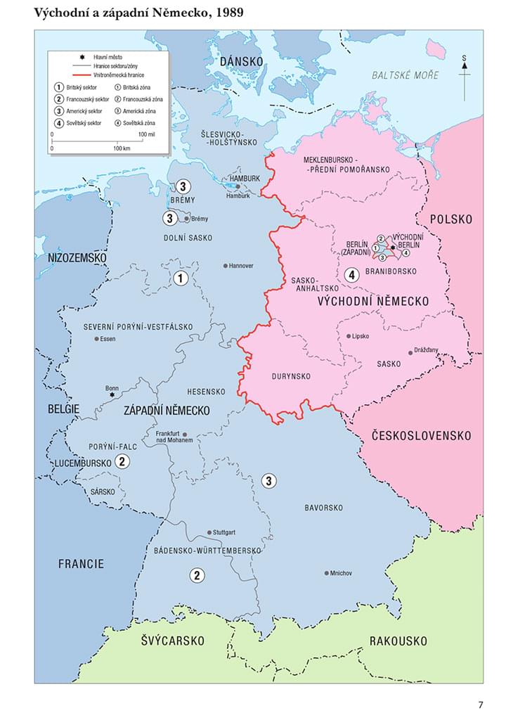 Po skončení 2. světové války bylo poražené Německo rozděleno do čtyř okupačních zón. Stejným způsobem bylo rozděleno i hlavní město Berlín dobyté armádou Sovětského svazu. Roku 1949 vznikla ze sovětské zóny a z východní části Berlína Německá demokratická republika (NDR). Americká, britská a francouzská zóna byly spojeny v Německou spolkovou republiku (SRN), jejíž součástí se stal Západní Berlín obklopený ze všech stran územím NDR. V srpnu 1961 nechala vláda NDR v reakci na dlouhodobé masové útěky svých občanů oddělit Západní Berlín zdí. Autor: Michal Kurz, ÚSTR