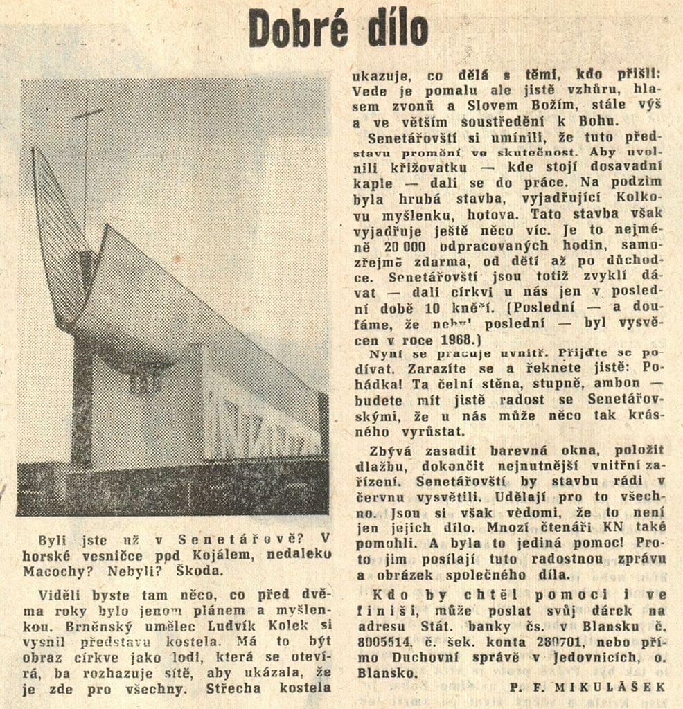 Zdroj: František Mikulášek, Dobré dílo, Katolické noviny, 7. března 1971