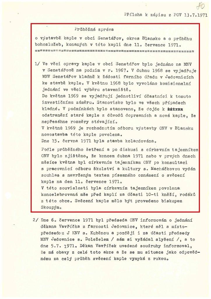 Průběžná zpráva o stavbě kostela z roku 1971, vyžádaná Krajským výborem komunistické strany. Zdroj: SokA Blansko