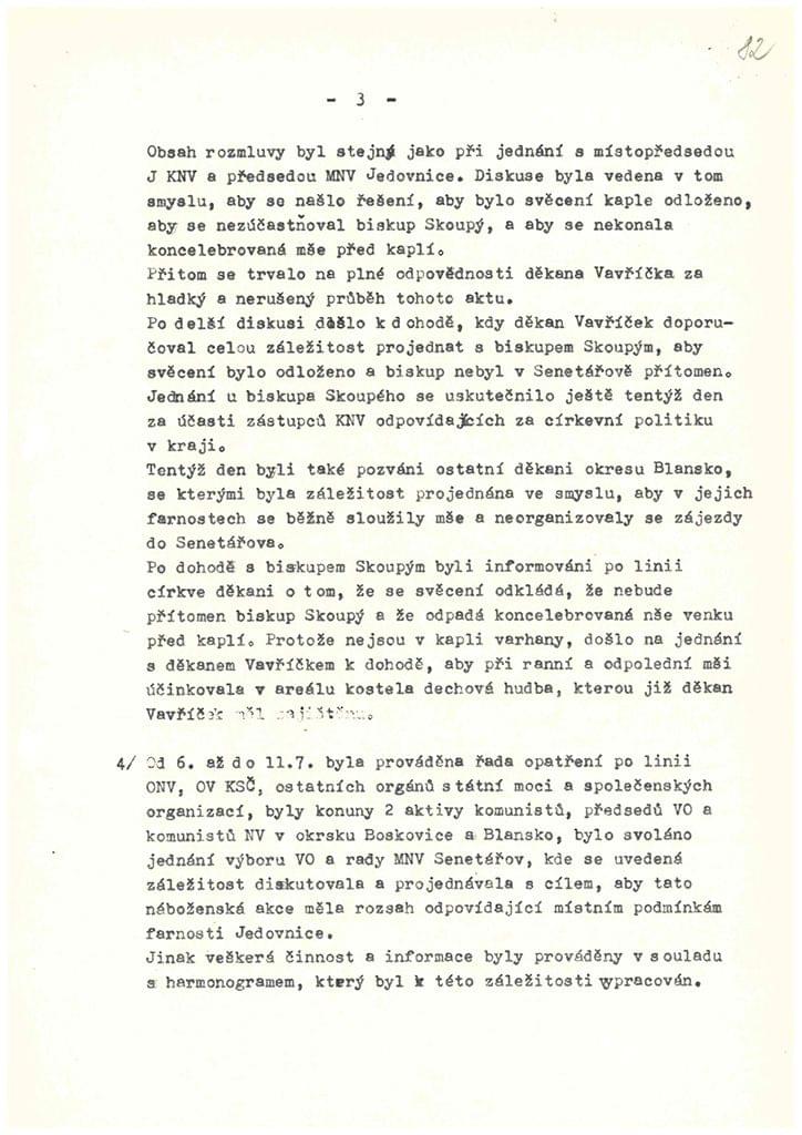 Průběžná zpráva o stavbě kostela z roku 1971, vyžádaná Krajským výborem komunistické strany. Zdroj: SokA Blansko