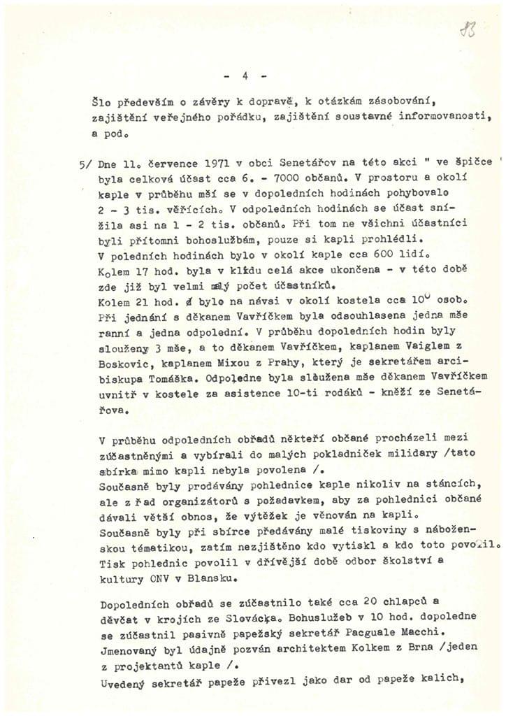 Průběžná zpráva o stavbě kostela z roku 1971, vyžádaná Krajským výborem komunistické strany. Zdroj: SokA Blansko