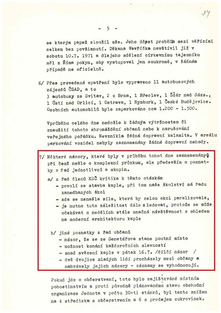 Průběžná zpráva o stavbě kostela z roku 1971, vyžádaná Krajským výborem komunistické strany. Zdroj: SokA Blansko