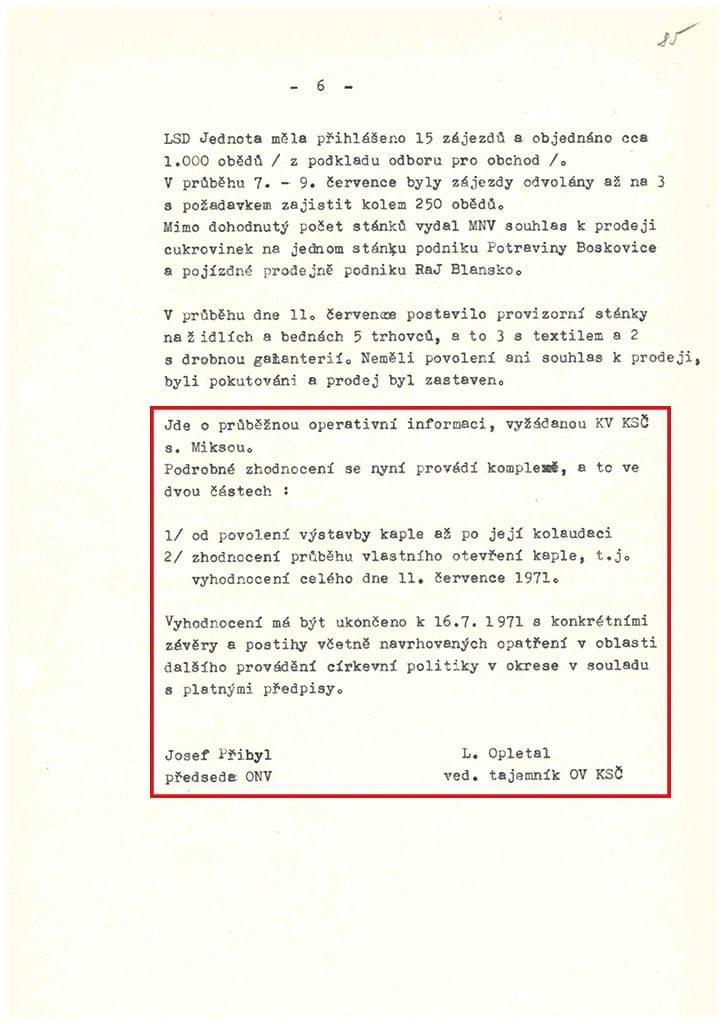 Průběžná zpráva o stavbě kostela z roku 1971, vyžádaná Krajským výborem komunistické strany. Zdroj: SokA Blansko