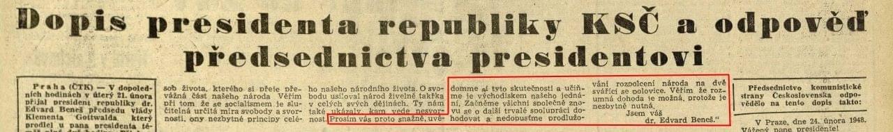 Práce 25. 2. 1948, druhé (zvláštní) vydání. Zdroj: Knihovna Národního muzea v Praze