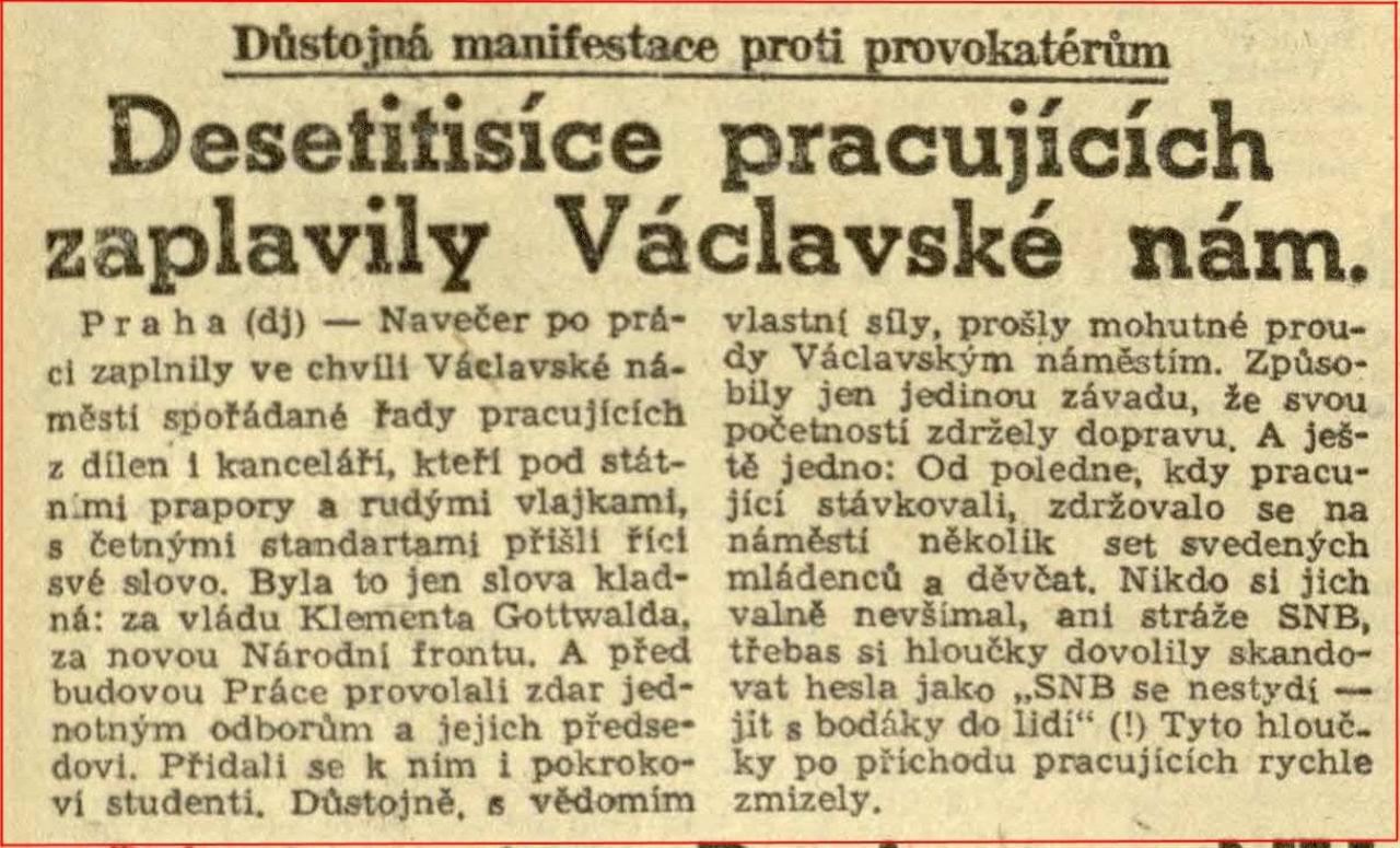 Práce 25. 2. 1948, druhé (zvláštní) vydání. Zdroj: Knihovna Národního muzea v Praze