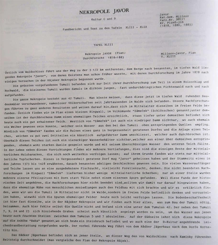 Faksimile popisu lokality Javor ve šťáhlavském lese. Zdroj: František X. Franc a Věra Šaldová-Štefanová (ed.): Šťáhlauer Ausgrabungen 1890: přehled nalezišť v oblasti Mže, Radbuzy, Úhlavy a Klabavy 1906, Praha 1988
