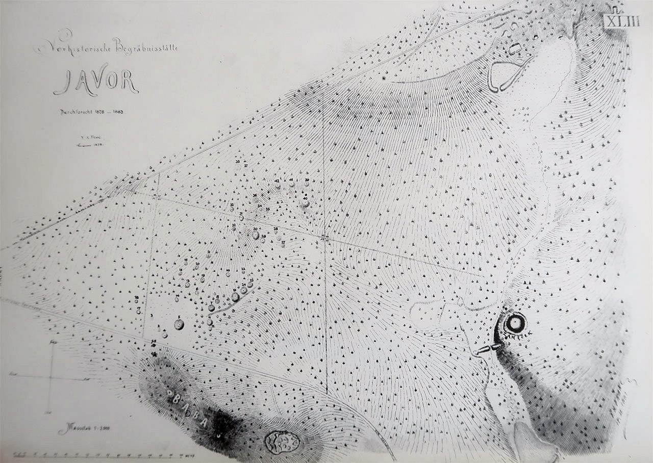 Plánek lokality Javor. Zdroj: František X. Franc a Věra Šaldová-Štefanová (ed.): Šťáhlauer Ausgrabungen 1890: přehled nalezišť v oblasti Mže, Radbuzy, Úhlavy a Klabavy 1906, Praha 1988