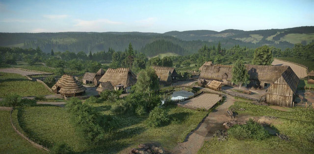 Rekonstrukce středověké vesnice Mrchojedy ve videohře Kingdom Come: Deliverance. Autoři z estetických důvodů zalesnili herní krajinu více, než bylo ve středověku obvyklé. Jinak ale mohla vesnice Javor vypadat podobně. Zdroj: IGN.com