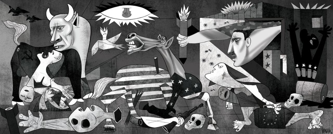 Jedna z mnoha variací na téma Guernica od portugalského kreslíře Vasca Gargaly s názvem Allepo(nica), 2016. Zdroj: Cartooning for Peace