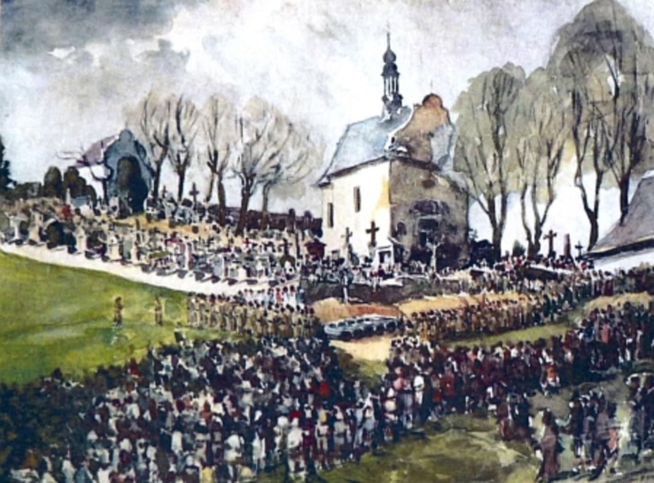 Obraz przedstawia pochówek 96 ofiar więźniarek obozów koncentracyjnych, które pod koniec wojny zostały przez niemieckich strażników zmuszone do marszu ewakuacyjnego przed nacierającą armią amerykańską. Ofiary zmarły z wycieńczenia i w wyniku brutalnego traktowania. Zostały pochowane w kilku masowych grobach w pobliżu Volar. Żołnierze amerykańscy po zajęciu miasteczka nakazali mieszkańcom ekshumację ciał ofiar i przeniesienie ich na miejscowy cmentarz. Inni mieszkańcy musieli na to patrzeć. Obraz Roberta Stubnera był przedrukowywany w maju 1945 roku na pocztówkach. Źródło: Jaroslava Kreisová: Přes Volary přešla smrt: pochod smrti očima pamětníků, Volary 2008.
