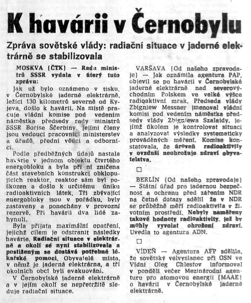 Informacja o sytuacji w Czarnobylu z siódmej strony gazety „Rudé Právo”. O havárii v Černobylu, Rudé Právo, 30 kwietnia 1986 r. Źródło: NK ČTK