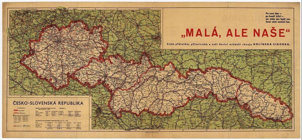 Mapa Česko-Slovenské republiky (1938–1939). Zdroj: Archiv města Ostravy