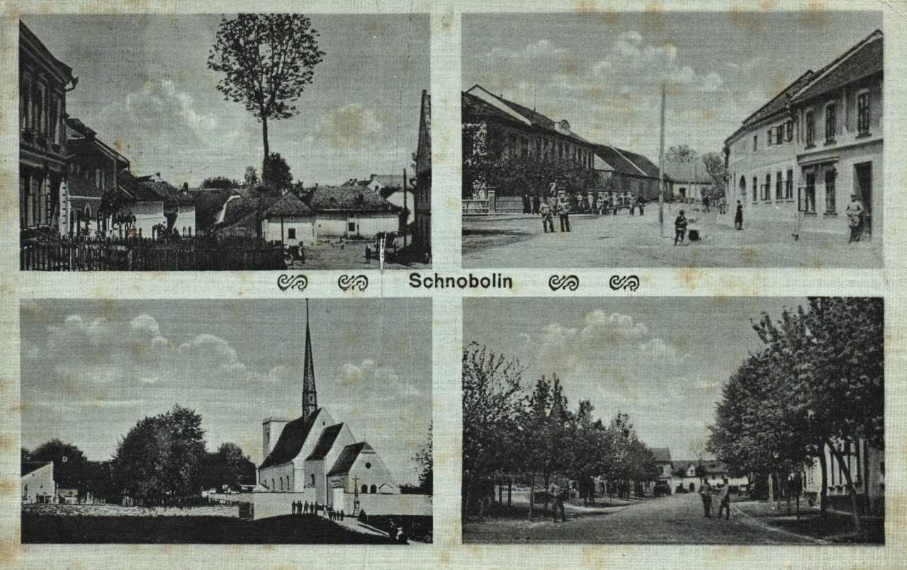 Obec Slavonín (německy Schnobolin), pohlednice, asi 1900. Zdroj: Hanácký večerník