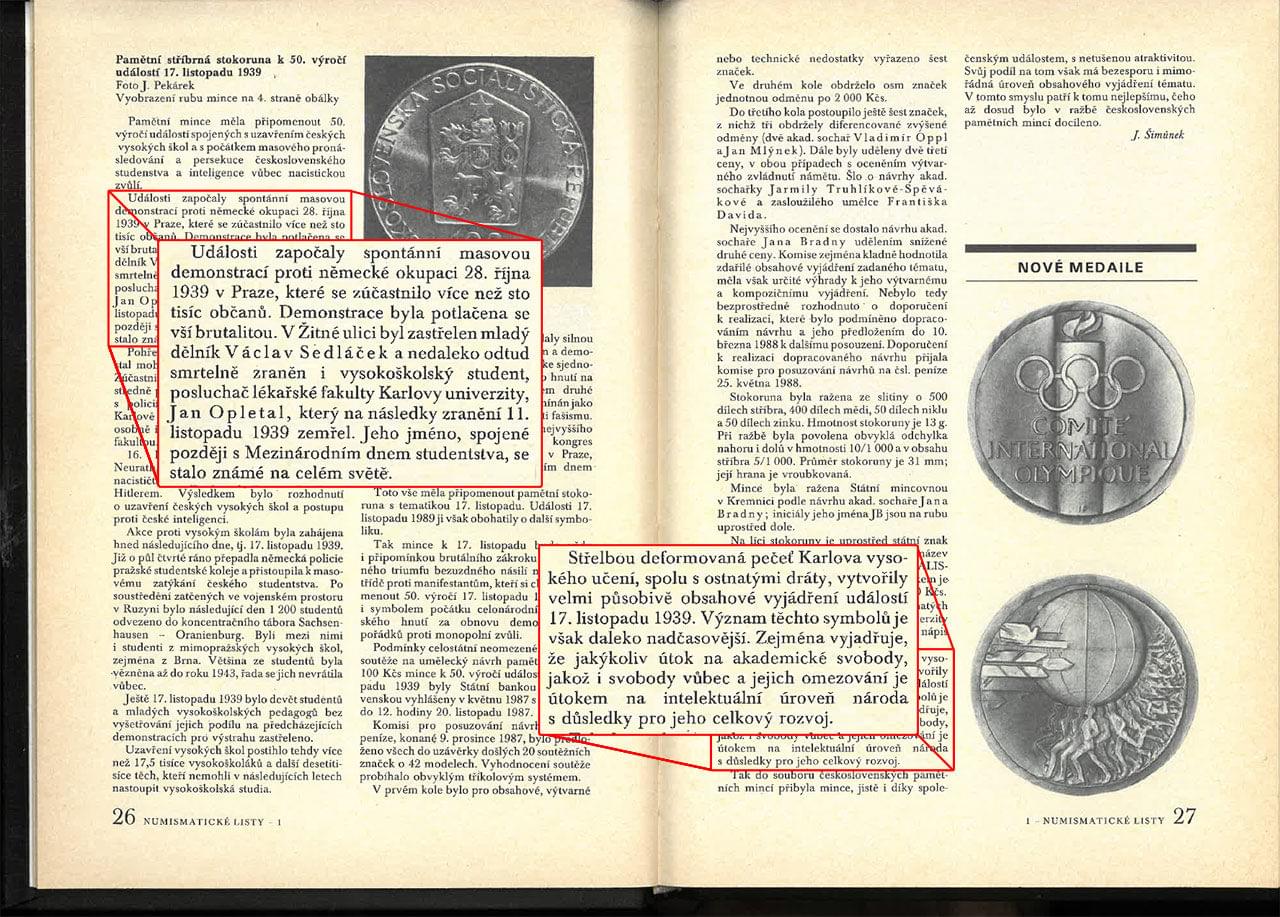 „Pamětní stříbrná stokoruna k 50. výročí událostí 17. listopadu 1939“. Numismatické listy, 1991