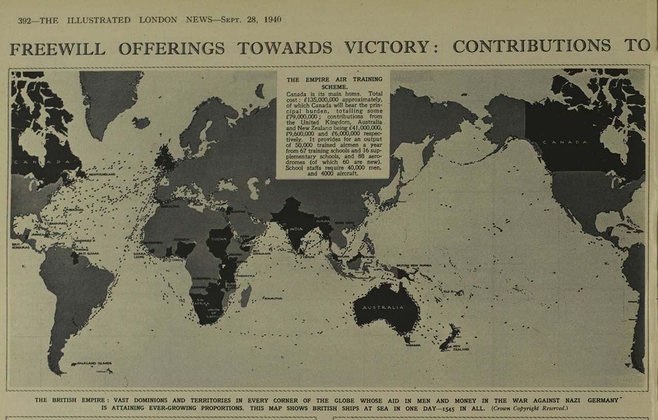 Mapa britského impéria z roku 1940. Tečkami jsou vyznačeny pozice britských lodí v jednom dni. Zdroj: The Illustrated London News