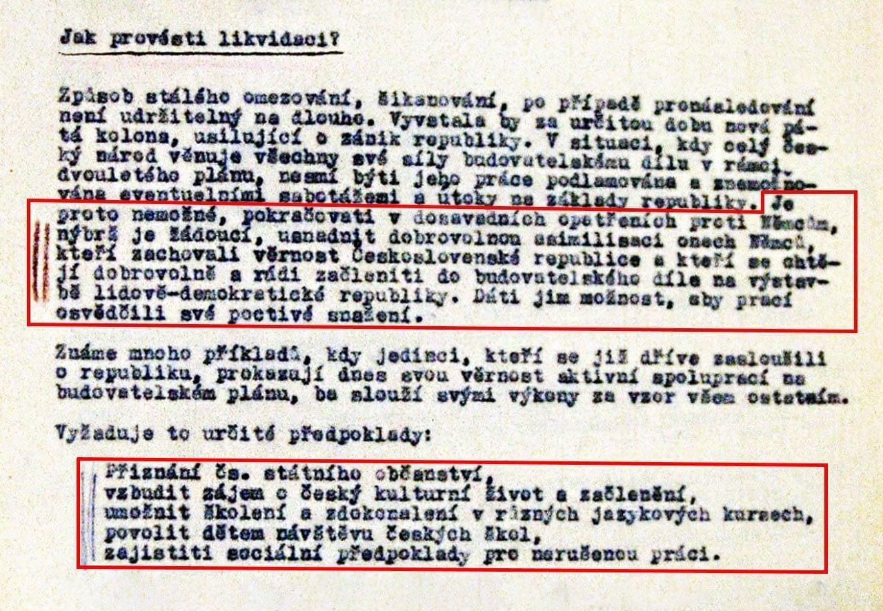 Memorandum Umožnění asimilace neslovanským občanům – věrným přátelům českého národa a lidově-dem. republiky, 6. prosince 1946. Zdroj: NA Praha