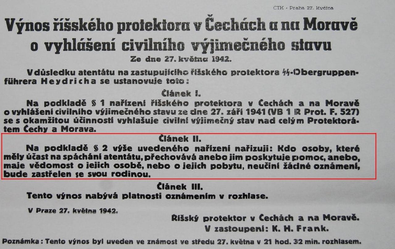 Výnos říšského protektora o vyhlášení výjimečného stavu, 27. května 1942. Zdroj: ČTK
