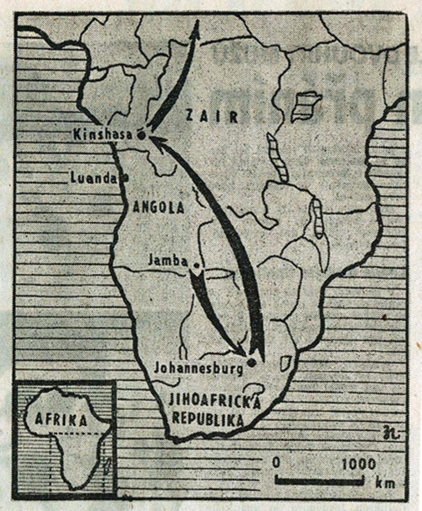 „Naše mapka ukazuje cestu první části čs. občanů, osvobozených z rukou únosců ze základny UNITA na jihu Angoly, přes Johannesburg v Jihoafrické republice, zairskou Kinshasu a Káhiru do Prahy.” Zdroj: Rudé právo, 2. července 1983