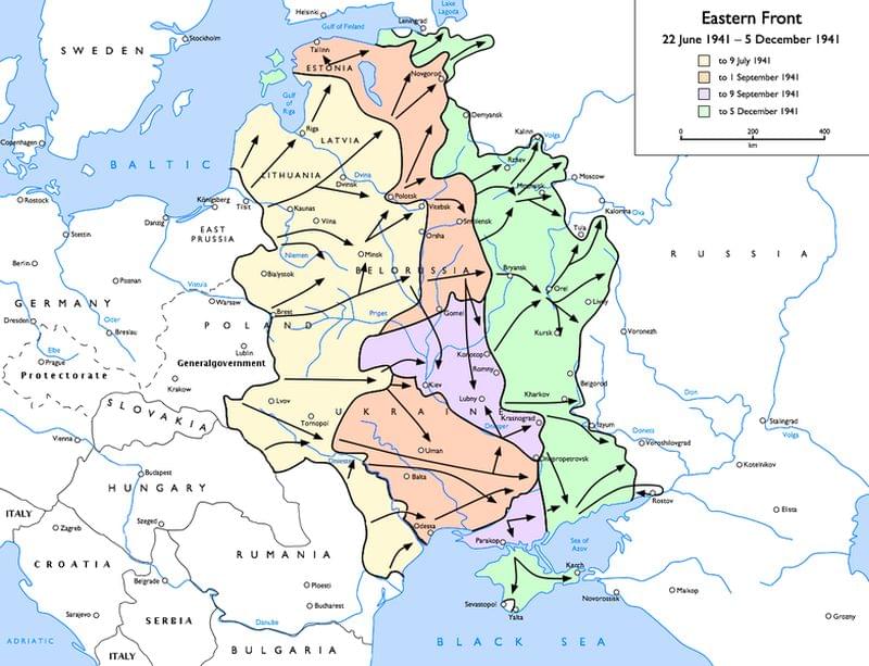 Východní fronta 22. června 1941 – 5. prosinec 1941. Zdroj: Gdr [CC BY-SA 3.0 (http://creativecommons.org/licenses/by-sa/3.0/)], via Wikimedia Commons