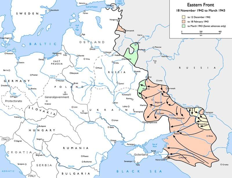 Východní fronta 18. listopadu 1942 – březen 1943. Zdroj: Gdr [CC BY-SA 3.0 (http://creativecommons.org/licenses/by-sa/3.0/)], via Wikimedia Commons