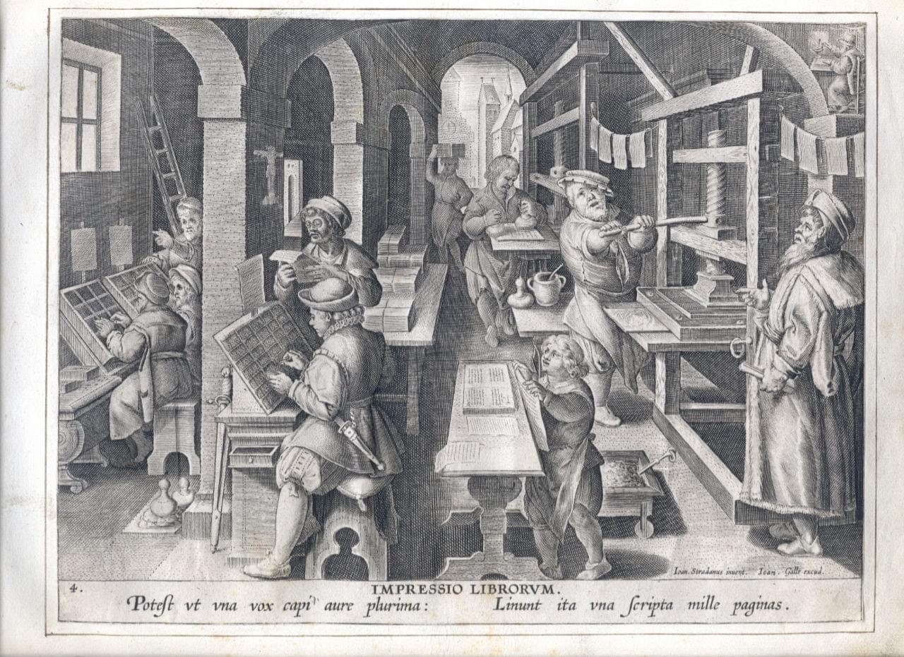 Jan Collaert I: Nové vynálezy moderní doby, vynález knihtisku, deska 4 [tisk], cca 1600. Zdroj: The Metropolitan Museum of Art