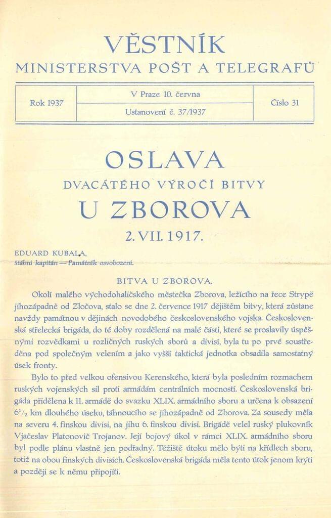 Zdroj: Věstník Ministerstva pošt a telegrafů č. 31, 10. června 1937