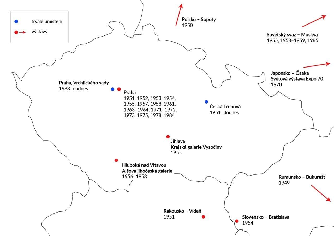 Mapa umístění sousoší Sbratření a jeho kopií před r. 1989. Zdroj: Martin Váňa, ÚSTR