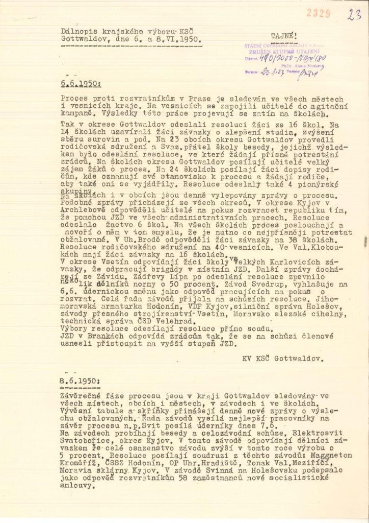 Dálnopis Krajského výboru KSČ Gottwaldov Ústřednímu výboru KSČ v Praze, 6. a 8. listopadu 1950. Zdroj: NA Praha
