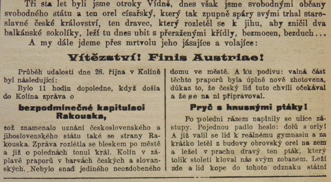 Kolínské listy, 31. října 1918. Zdroj: Národní knihovna Praha